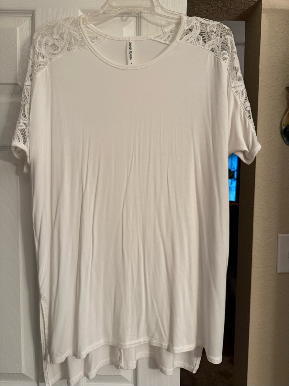 Zenana Outfitters Cream Lace Shoulder Short Sleeve Tee